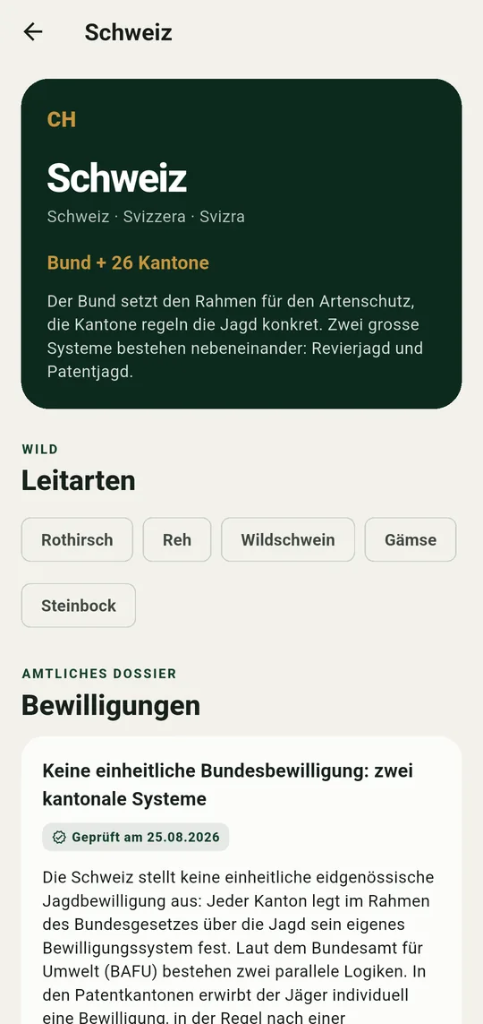 Dossier Schweiz: Bundesrahmen, Leitarten und geprüftes Blatt «Bewilligungen».