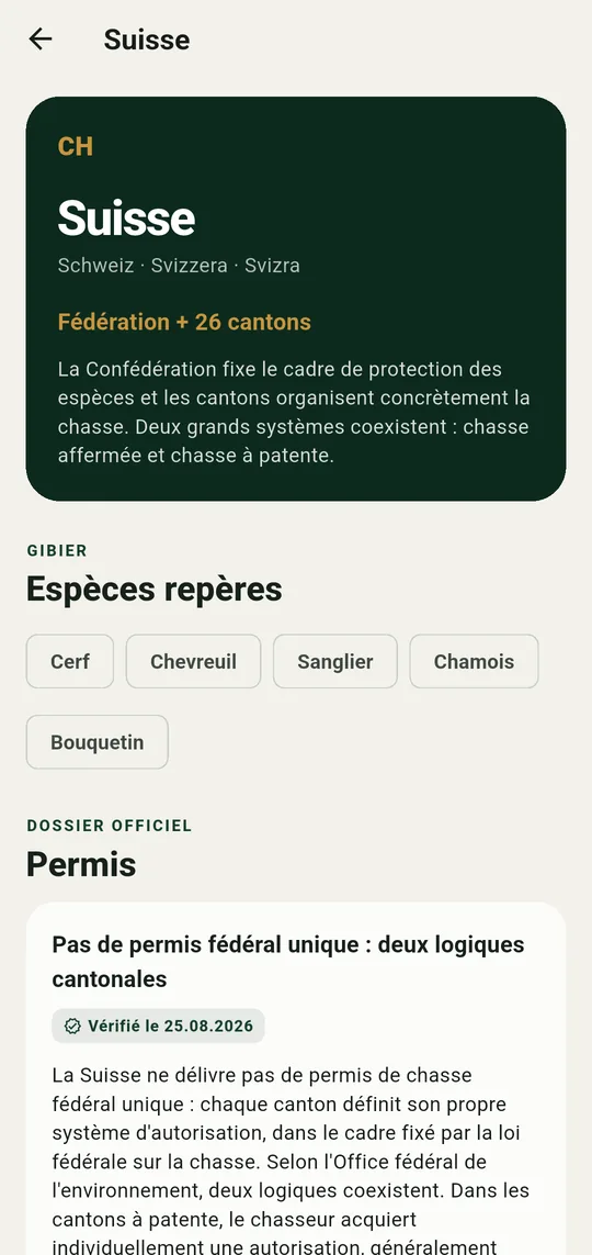 Dossier Suisse : cadre fédéral, espèces repères et fiche « Permis » vérifiée.