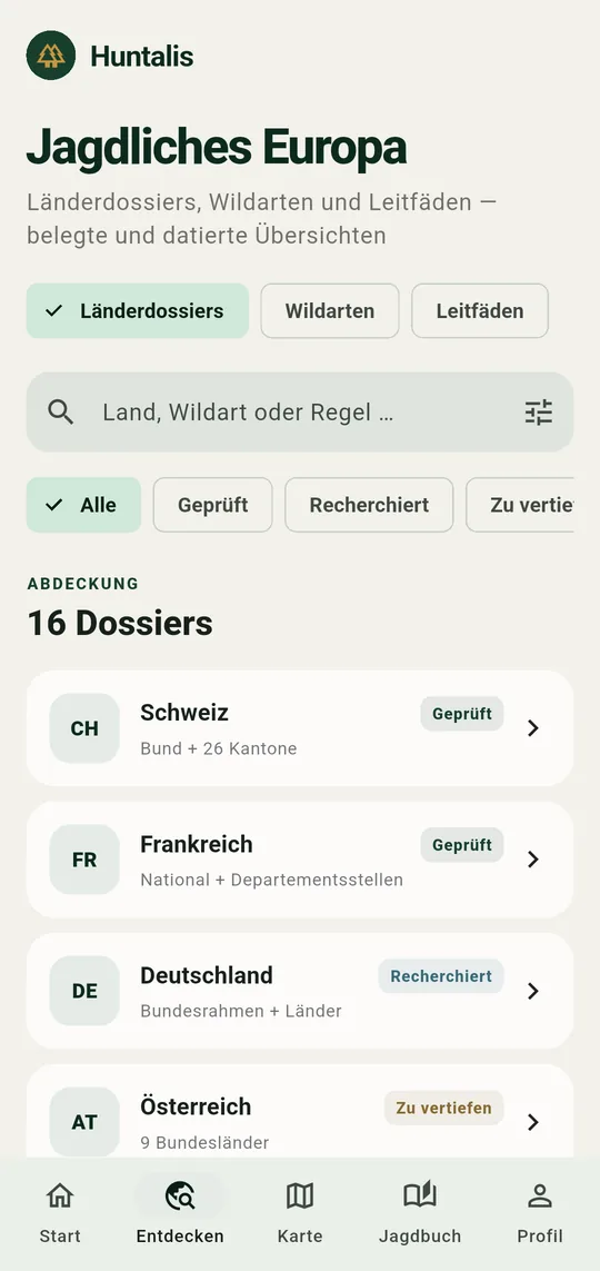 Bildschirm Entdecken: Liste der Länderdossiers mit ihrem Prüfgrad.