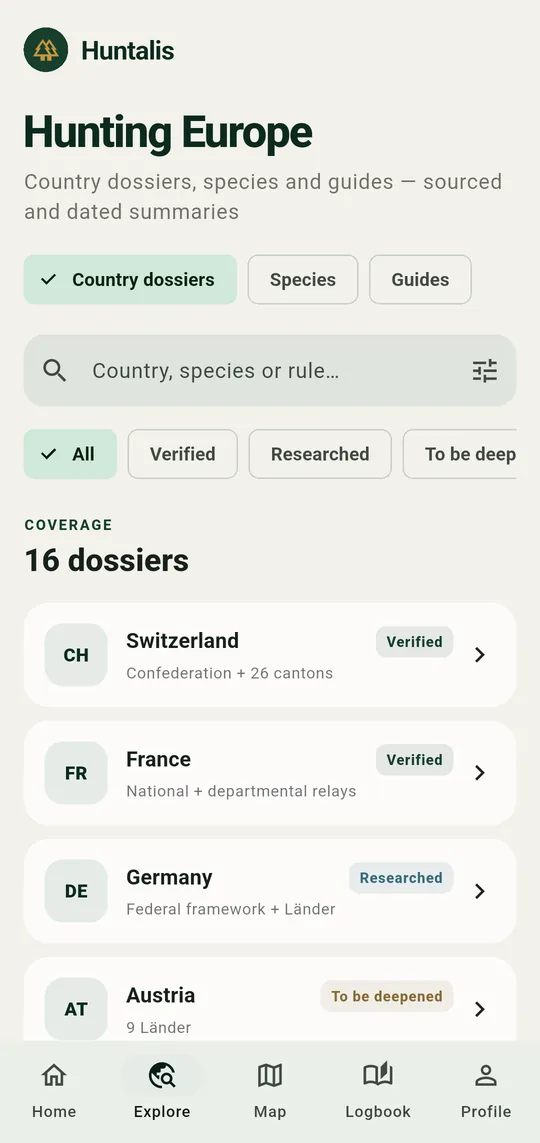 The Explore screen: every dossier with its verification level.