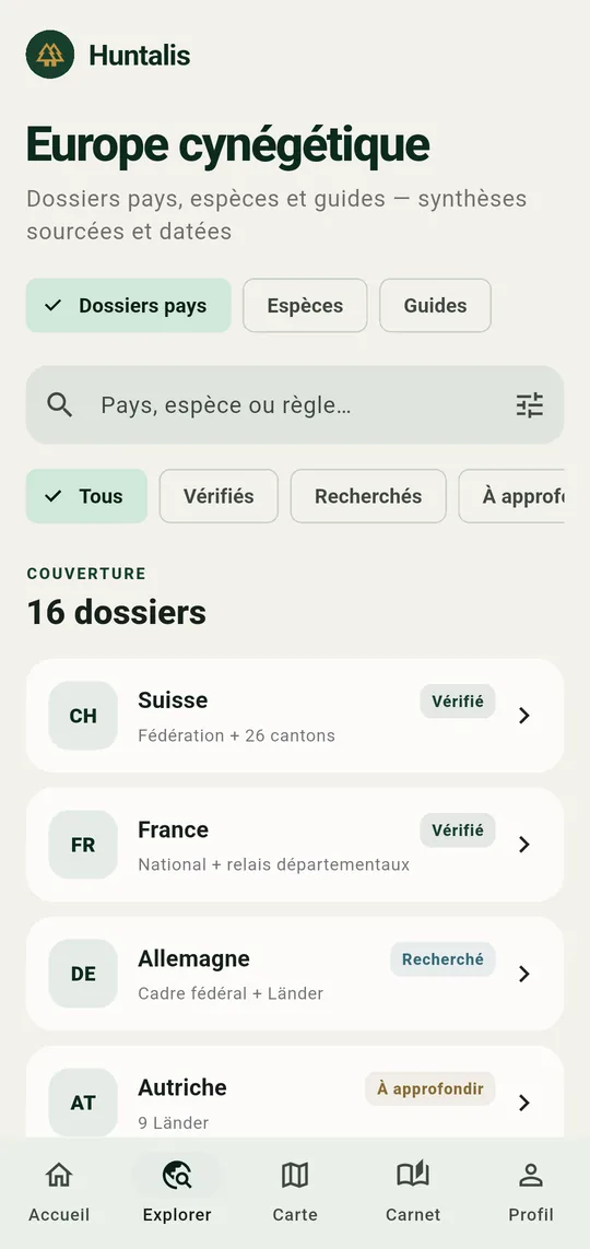 Écran Explorer : liste des dossiers pays avec leur niveau de vérification.