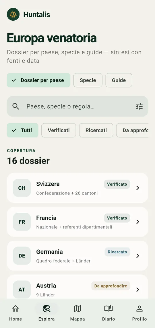La schermata Esplora: ogni dossier con il suo livello di verifica.