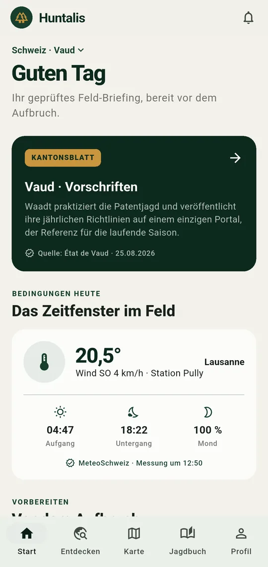 Startbildschirm von Huntalis: Kantonsblatt Waadt und Karte der Tagesbedingungen.