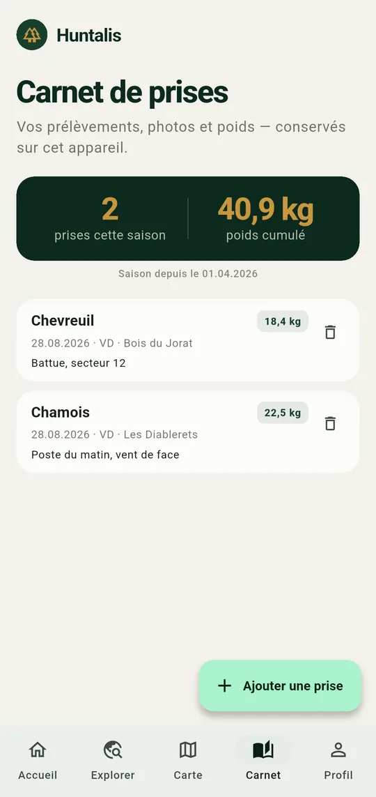 Écran Carnet : deux prises enregistrées avec leur poids et le total de la saison.
