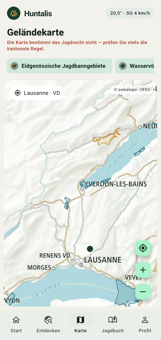 Bildschirm Karte: BAFU-Bundesebenen über dem swisstopo-Hintergrund rund um den Genfersee.