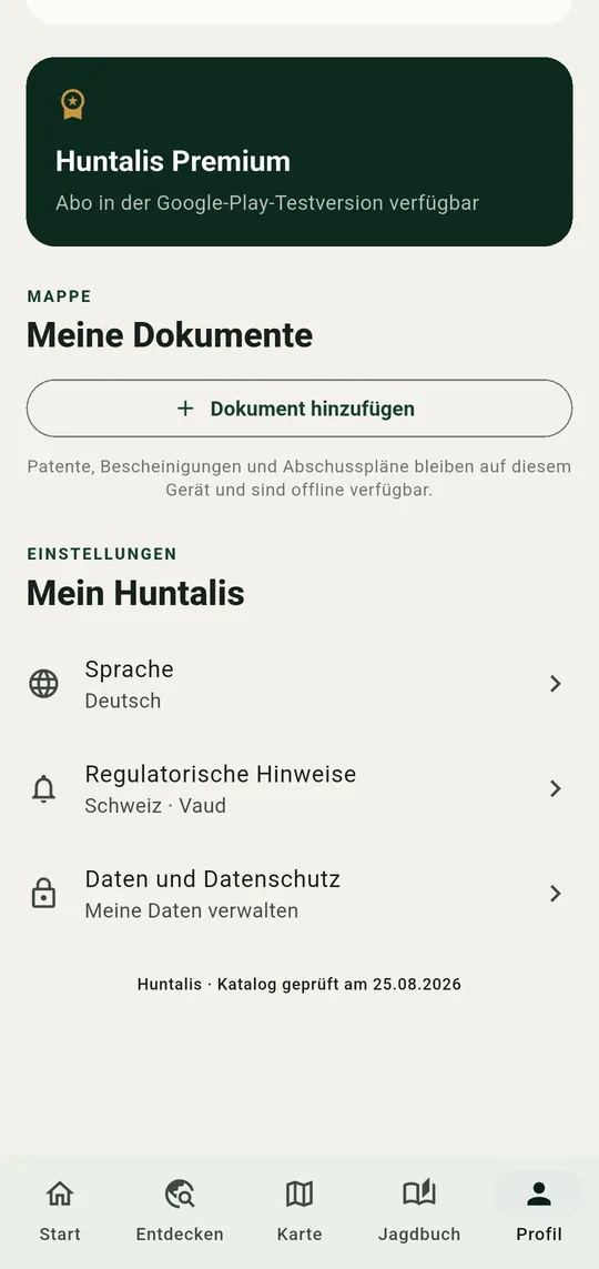Bildschirm Profil: Dokumentenmappe und Einstellungen, darunter die Sprachauswahl.