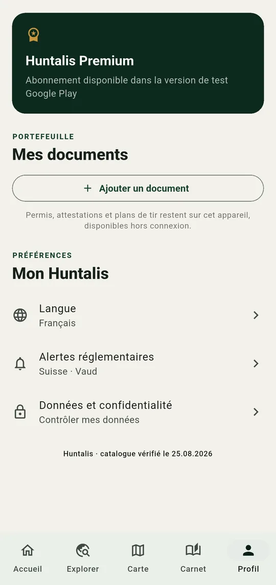 Écran Profil : portefeuille de documents et préférences, dont le sélecteur de langue.